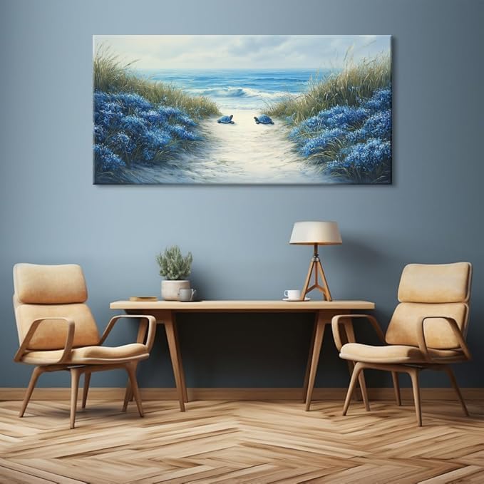 LASMOND Romantic Beach Wall Art for Living Room Blue Sea Turtle Lovers Canvas Painting Prints Ocean Sandy Romance Flowers Large Bedroom Office Decor Artwork (58x28 Inches)