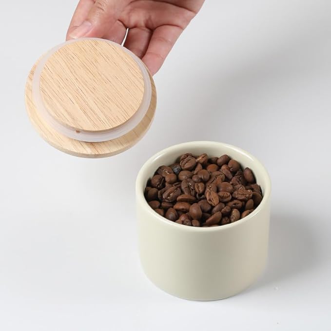 Sweejar Kitchen Canisters Ceramic Food Storage Jar, Stackable Containers with Airtight Seal Wooden Lid for Serving Ground Coffee, Tea, Sugar, Salt and More - 16 Fl Oz (Beige)