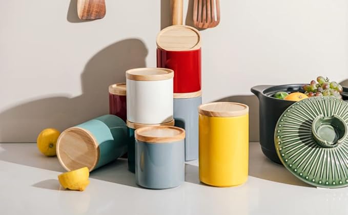 Sweejar Kitchen Canisters Ceramic Food Storage Jar, Stackable Containers with Airtight Seal Wooden Lid for Serving Ground Coffee, Tea, Sugar, Salt and More - 16 Fl Oz (Dark Turquoise)