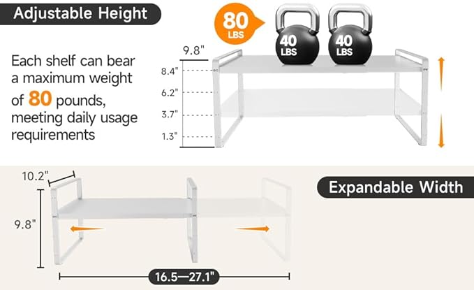 16.5~27.1" Expandable Shelf Organizer, 1Pack 8.1" Wide Stackable Cabinet Shelf Organizers, White Metal Sturdy Kitchen Counter Storage for Countertop, Adjustable Height Spice Rack