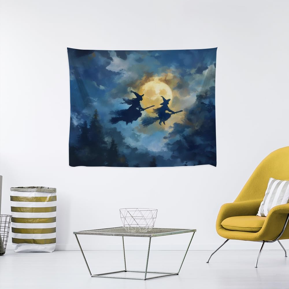 Spooky Halloween Witch Tapestry Wall Hanging Dark Fantasy Night Sky Aesthetic Print Flying Witches Under Full Moon Tapestries Horror Ghost Halloween Party Decor for Living Room Bedroom 50x60inch