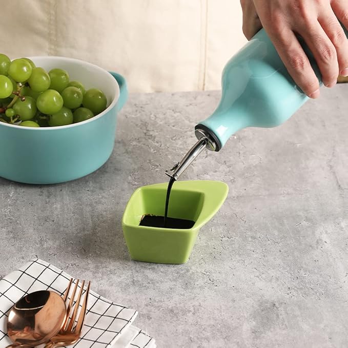 Sweejar Ceramic Olive Oil Dispenser Bottle, 20 Oz Relief Design EVOO Oil and Vinegar Dispensing Bottle with Spout for Kitchen, Set of 1 (Turquoise)