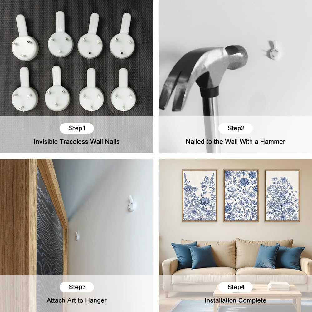 Classic Chinoiserie Floral Framed Canvas Wall Art Set, Blue and White Flower Wall Decor, Navy Watercolor Wall Painting, Minimalist Wildflower Art Print for Living Room, Bedroom - 24"x36"×3