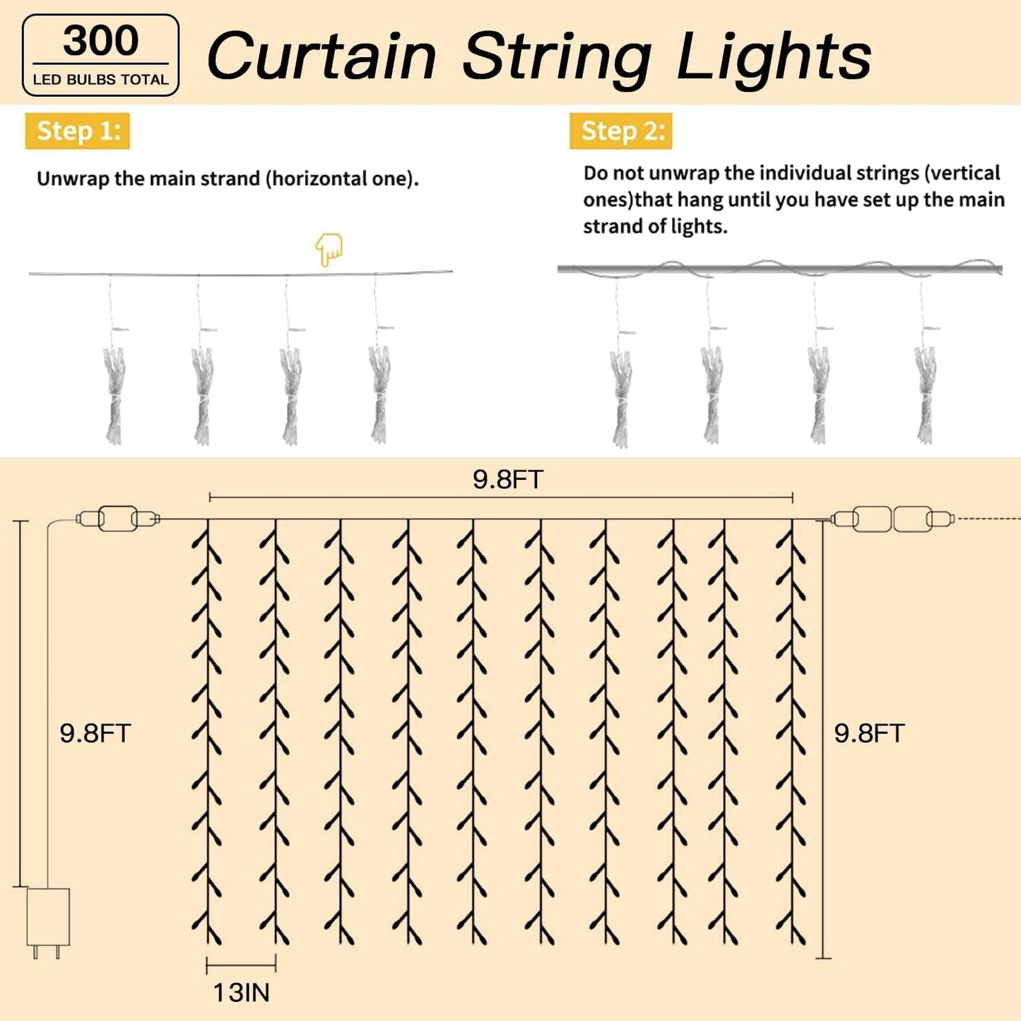 300 LED Curtain String Lights 9.8FT Plug in Fairy Lights with Timer and 8 Modes, Waterproof Window Wall Lights for Bedroom Wedding Party Indoor Outdoor Christmas Decor