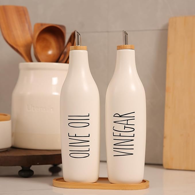 HOMCDALY Ceramic Olive Oil Dispenser for Kitchen, Stoneware 16oz Oil Cruet and Vinegar Bottles Dispenser, Kitchen Dispenser Bottle for EVOO Vinegar Syrups, Modern Farmhouse Design(W-O)