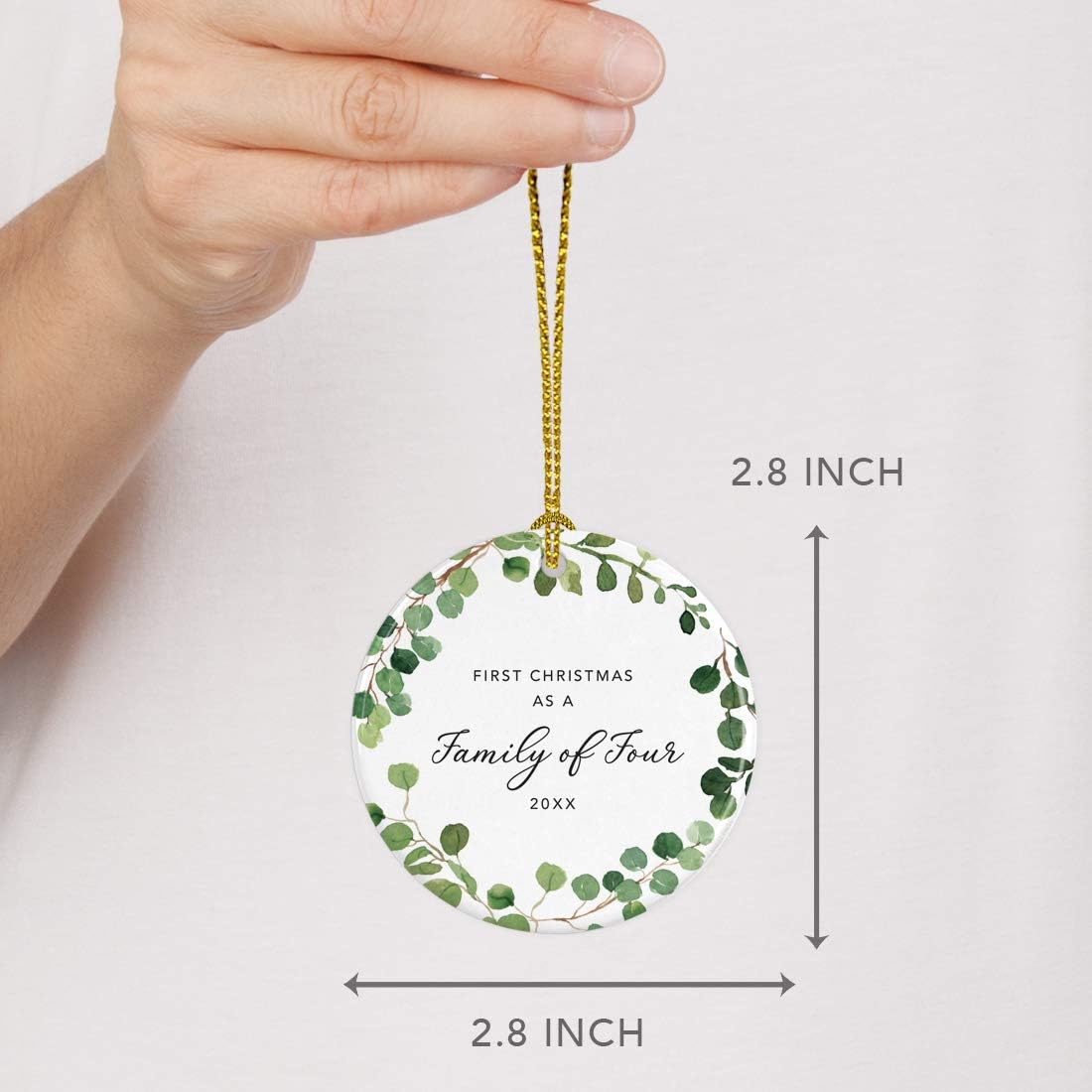 Andaz Press Custom Year Round Ceramic Porcelain Christmas Tree Ornament Keepsake Collectible Gift, First Christmas as a Family of Four 2025, Farmhouse Eucalyptus Wreath, 1-PackNew