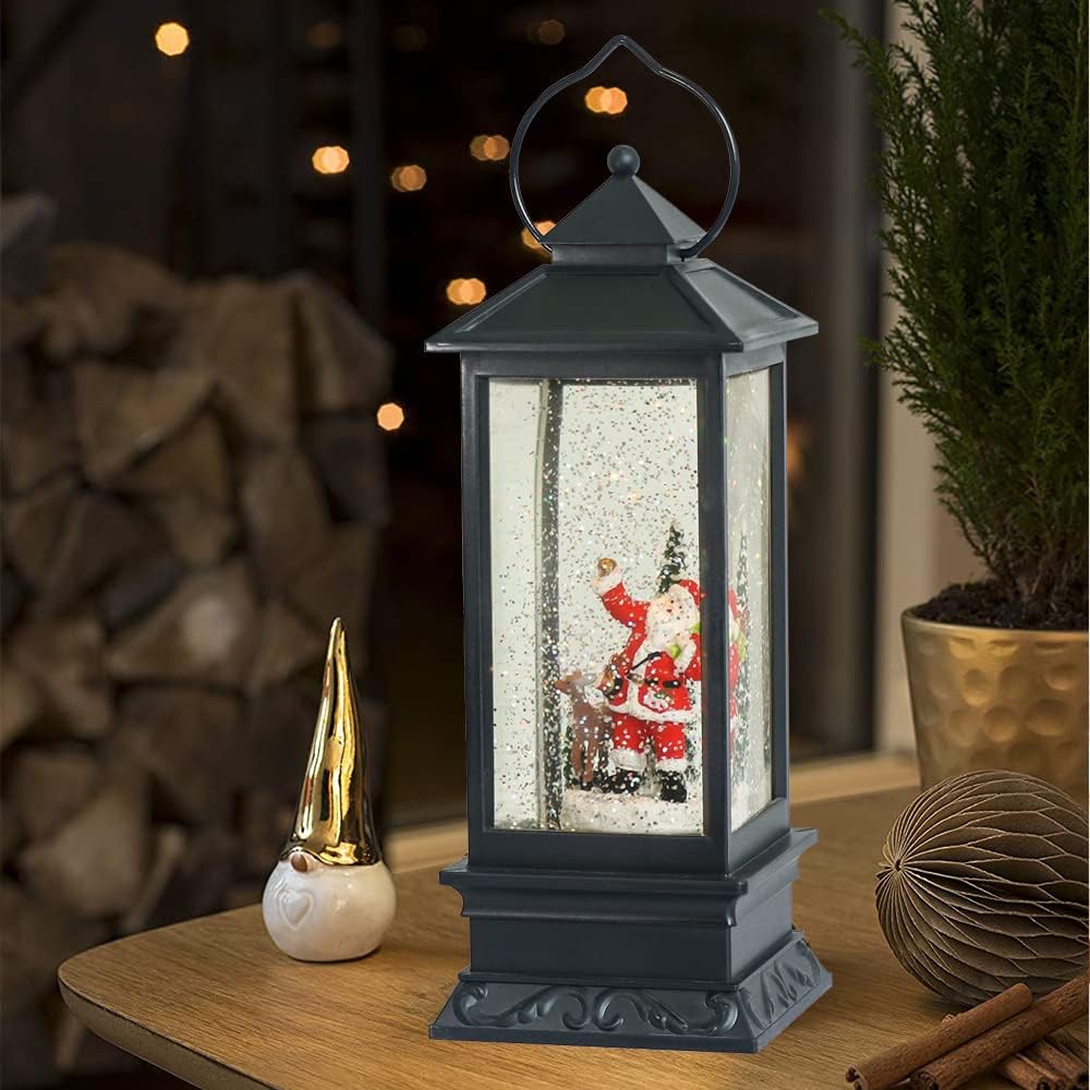 Eldnacele Christmas Snow Globe Lantern with Music, Battery Operated Lighted Swirling Glitter Water Lantern with Timer for Christmas Home Decoration, Santa