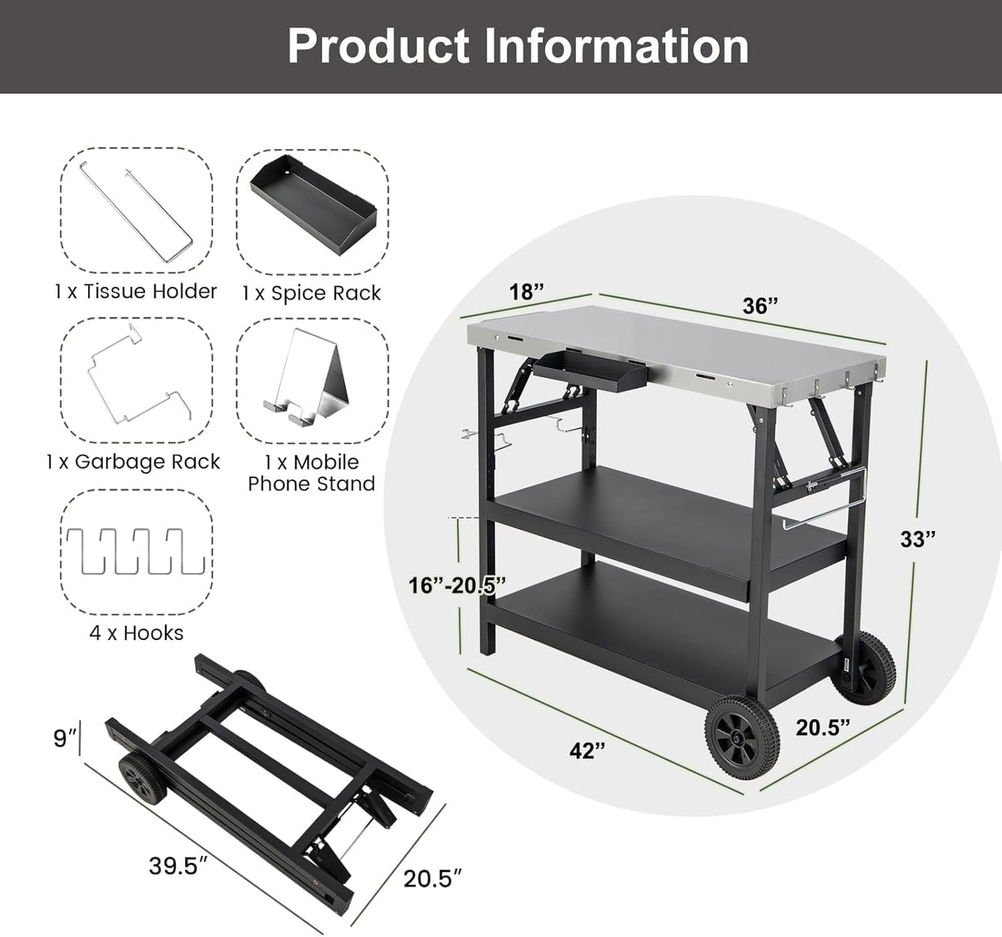 ERGOMASTER Grill Table Cart, Outdoor Kitchen Island with 4-Position Adjustable Shelf, Stainless Steel Serving Cart for Patio Garden