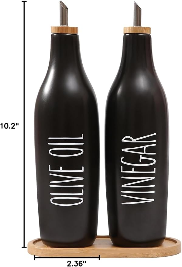 HOMCDALY Olive Oil and Vinegar Dispenser Set, Ceramic Oil and Vinegar Bottles with Bamboo Tray, 16.9oz Kitchen Cruet - Set of 2 - Black