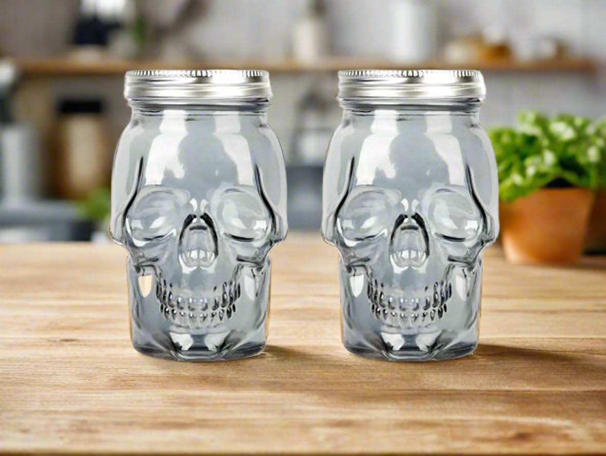 Set of 2 Skull Mason Jar Glasses with Lids | 16oz Reusable Halloween Drinking Glasses | Unique Skull Décor, Storage, & Canning Jars for Parties & Gifts