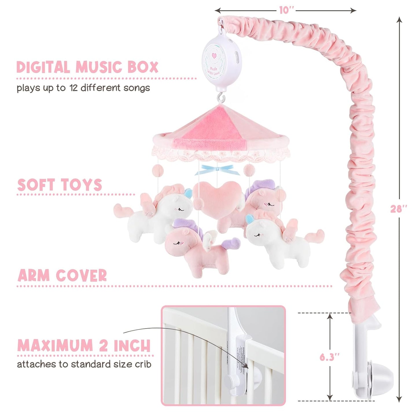 Unicorn Musical Crib Mobile for Girls - Baby Mobile for Crib with 12 Lullabies, Soft Pink Baby Crib Mobile, Nursery Mobiles, Fits Standard Cribs