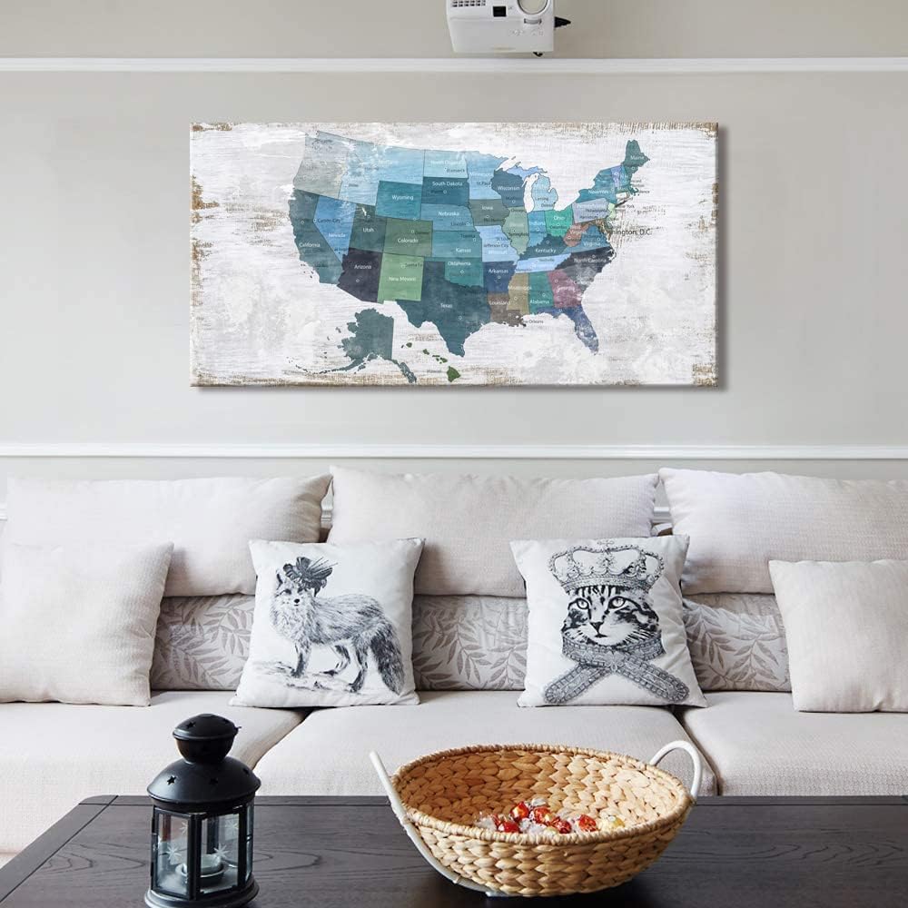 Map of The United States Wall Decor Map Canvas Wall Art for Wall Decoration Wood Background USA Canvas Prints for Bedroom Office Kitchen Home Wall Decor Framed Artwork Ready to Hang24 x48