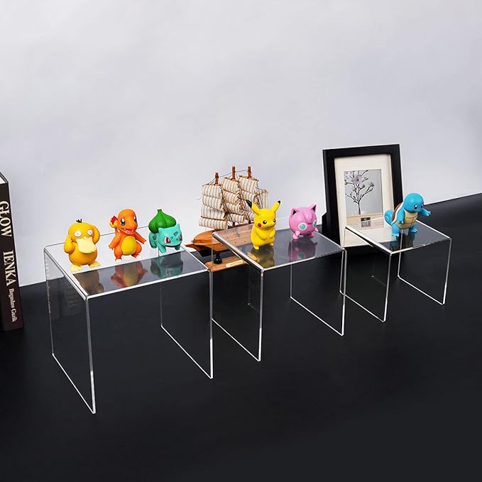 HIIMIEI Clear Acrylic Display Risers 2 Sets, 3-Tier Risers Stands Showcase for Amiibo Funko Pop Figures, Dessert, Jewelry-5"x6"x7"