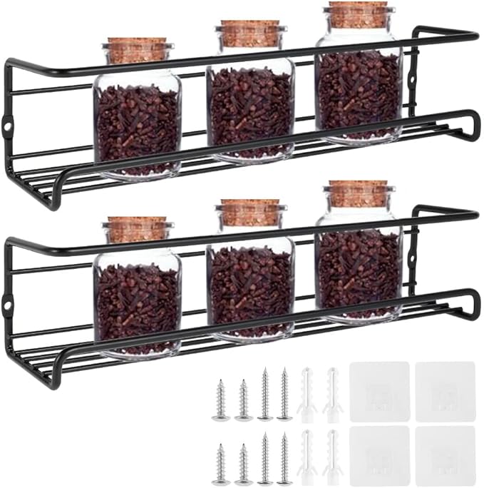 Spice Rack Organiser Hanging Spice Shelves Carbon Steel Wall Mount Spice Rack Kitchen Storage Racks Storage Spices and Condiments Spice Jars for Kitchen Cabinet Cupboard Pantry Door (4)