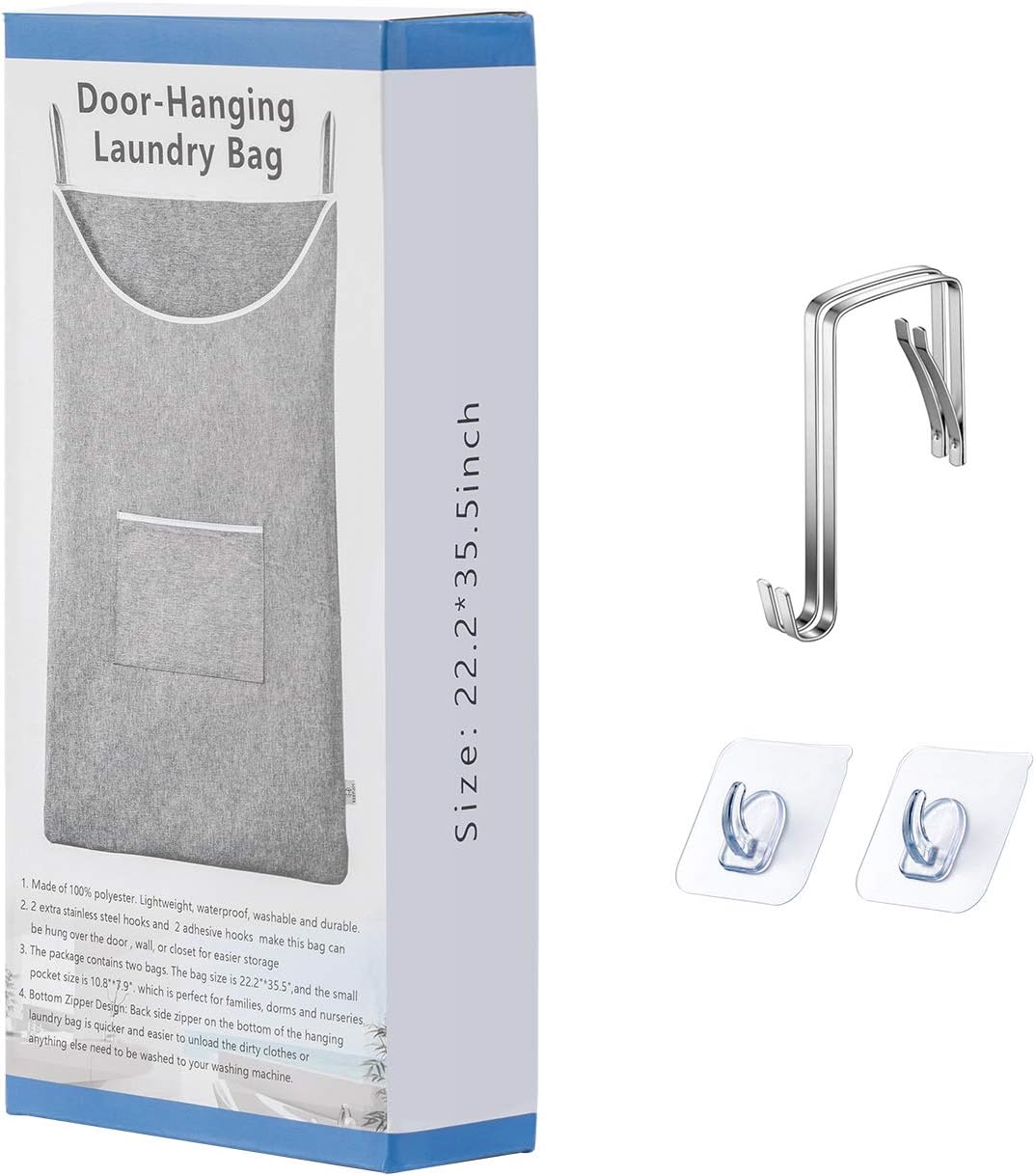 X-Large Hanging Laundry Hamper Bag, Door Hanging Hamper with Front Pocket Dirty Clothes Hanging Laundry Bag Large Size 35X22 inch Door Laundry Basket (Grey)