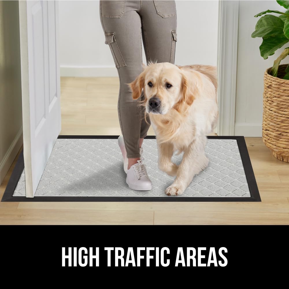 GORILLA GRIP 100% Waterproof All-Season WeatherMax Doormat US Designed Natural Rubber, Stain and Fade Resistant, Low Profile Indoor Outdoor Door Mats, Easy Clean Patio Mat, 17x29, Light Gray