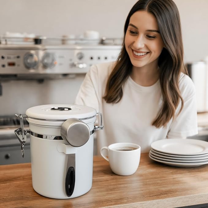 ShanSon Coffee Canister Airtight Coffee Container Stainless Steel Coffee Bean Storage Container with Scoop Coffee Canister for Beans Grounds Sugar Flour Tea Cereal,16OZ, White