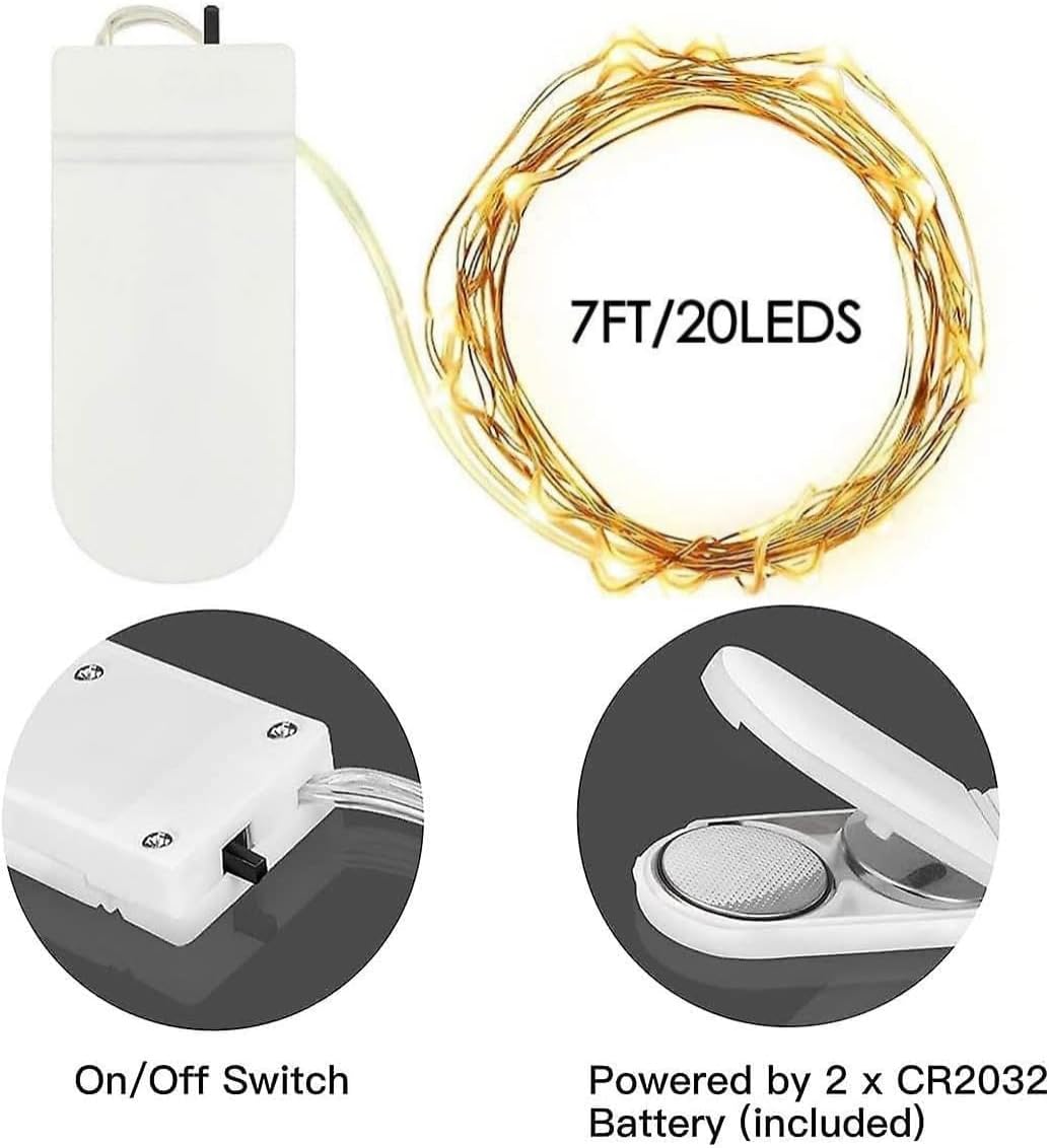 24 Pack Fairy Lights Battery Operated 7 Feet 20 Led Christmas Twinkle String Lights Silver Wire Waterproof for Classroom Christmas Valentine's Day Mason Jars Centerpiece Table Decorations (Warm White)