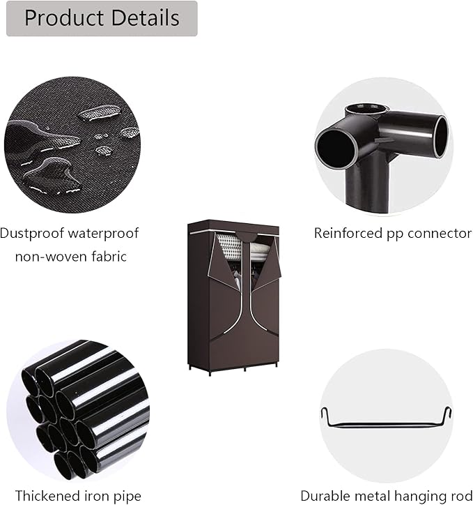 SORCEDAS Portable Wardrobe Closet Storage Organizer Metal Hanging Rack Non-Woven Fabric 34 Inch Coffee (34 Inch, Coffee)