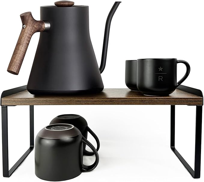 Mitus Shelf Organizer and Storage, Tiered Wood Cabinet Rack for The Kitchen Counter, Bathroom Counter, Pantry Cupboard, Office Desk Bookshelf, 12" Wide Walnut Brown and Black (Large)