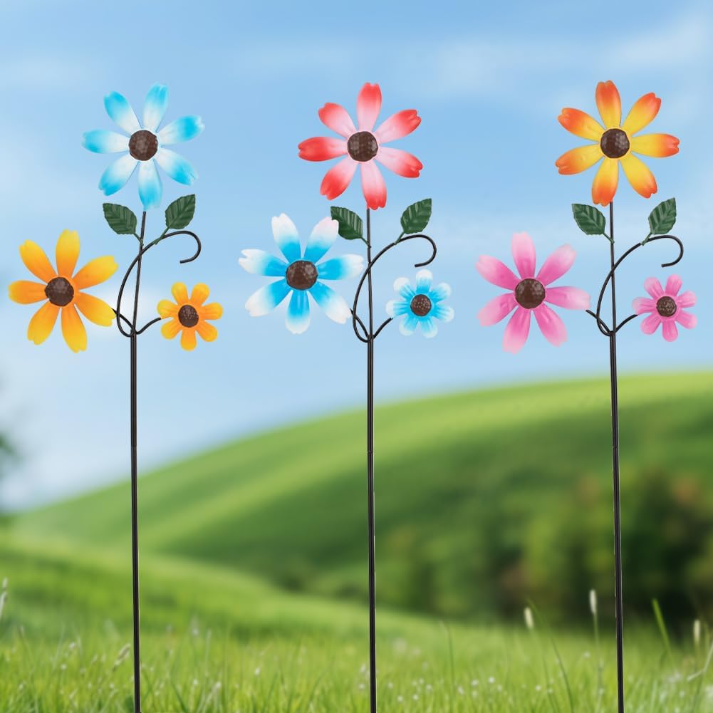 3 Pack Spring Garden Stakes Decor,Metal Flowers Decorative Garden Stakes,Waterproof Metal Yard Art for Outside,Lawn,Patio,Yard(23.1 * 6.7IN)