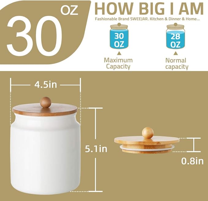 Sweejar Ceramic Kitchen Canisters, 28 FLOZ Porcelain Food Storage Jar with Airtight Seal Wooden Lid, Home Container Serving for Coffee Beans, Tea-leave, Sugar, Salt and More, Tool Bucket (Gray)