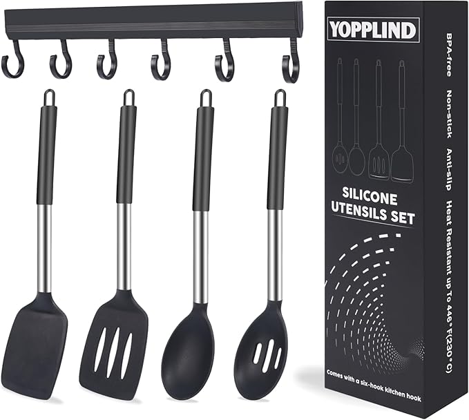 Silicone Kitchen Cooking Utensils Set 5-Piece BPA-Free Heat-Resistant Non-Stick & Dishwasher-Safe, with Slotted/Solid Spoons & Spatulas for Frying,Draining – Includes Multi-Purpose Serving Hook(Black)