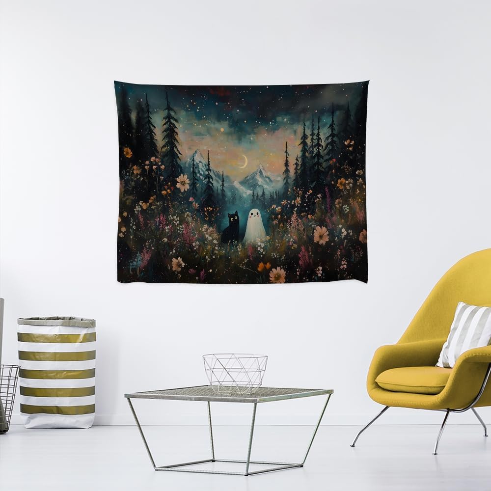 Whimsical Halloween Tapestry Wall Hanging Ghost and Black Cat in Magical Forest Wildflowers Meadow Tapestry Art Print Charming Spooky Fall Season Tapestries for Living Room Bedroom Decor 40x60inch