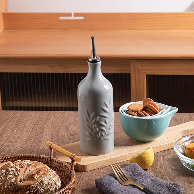 Sweejar Ceramic Olive Oil Dispenser Bottle, 20 Oz Relief Opaque Oil Cruet Protects Oil To Reduce Oxidation, Suitable for Storage Oil, Vinegar, Soy Sauce, Coffee Syrup, Liquids, Set of 1 (Gray)