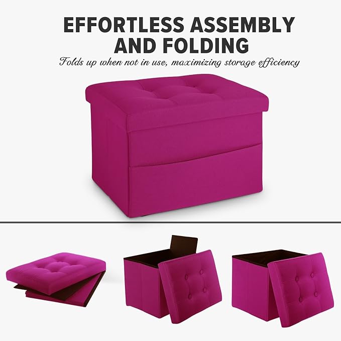 LINMAGCO Storage Ottoman Folding Foot Stool Foot Rest with Side Pocket Modern Ottoman with Storage Short Sofa Stool Linen Cloth 17x13x13(ROSEO)