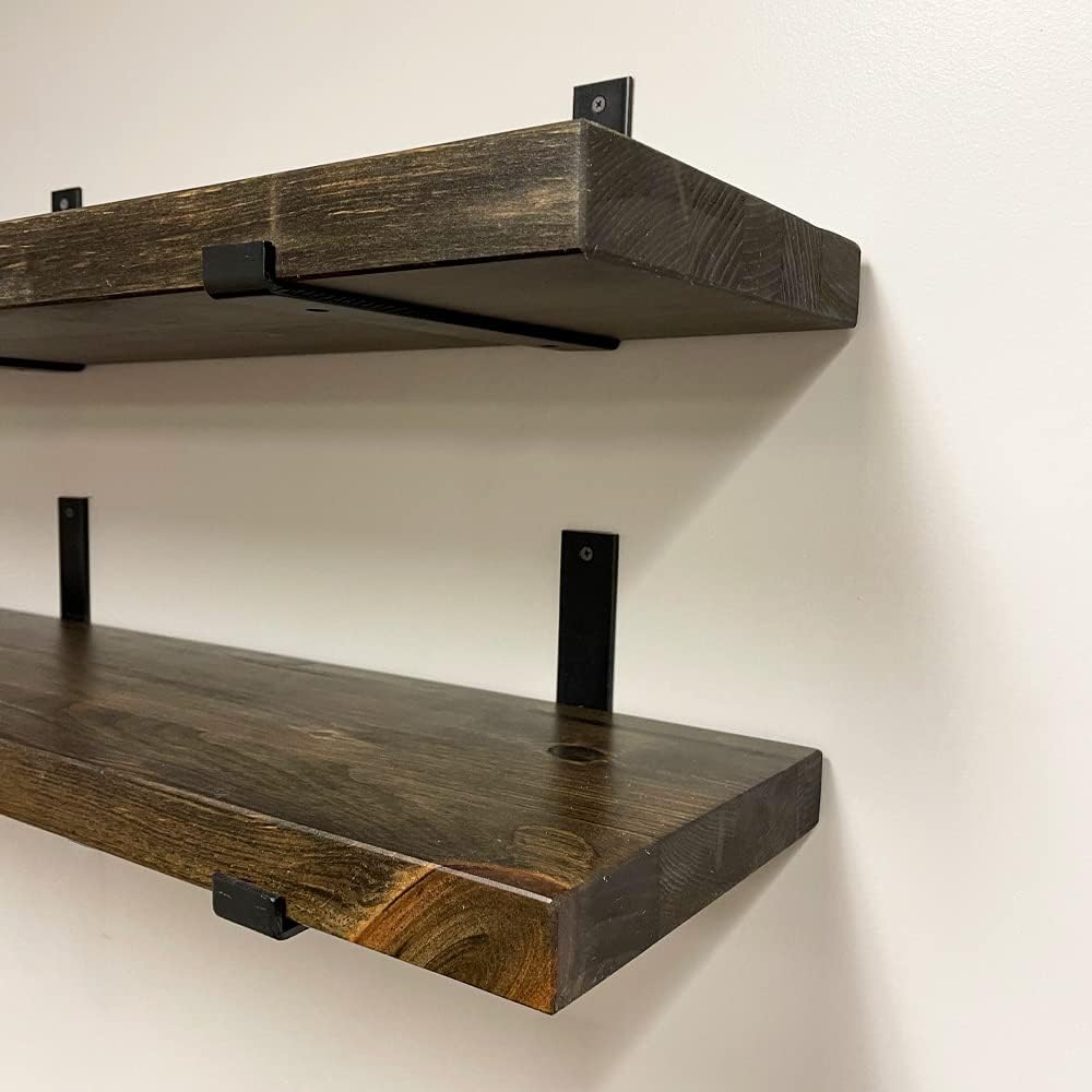Rustic Shelves with J-Brackets Set of 2, Industrial Shelf, Kitchen Shelves, Solid Wood, Decorative Wall Storage, Heavy Duty, URBANDI (Dark Brown, 12Wx6D)
