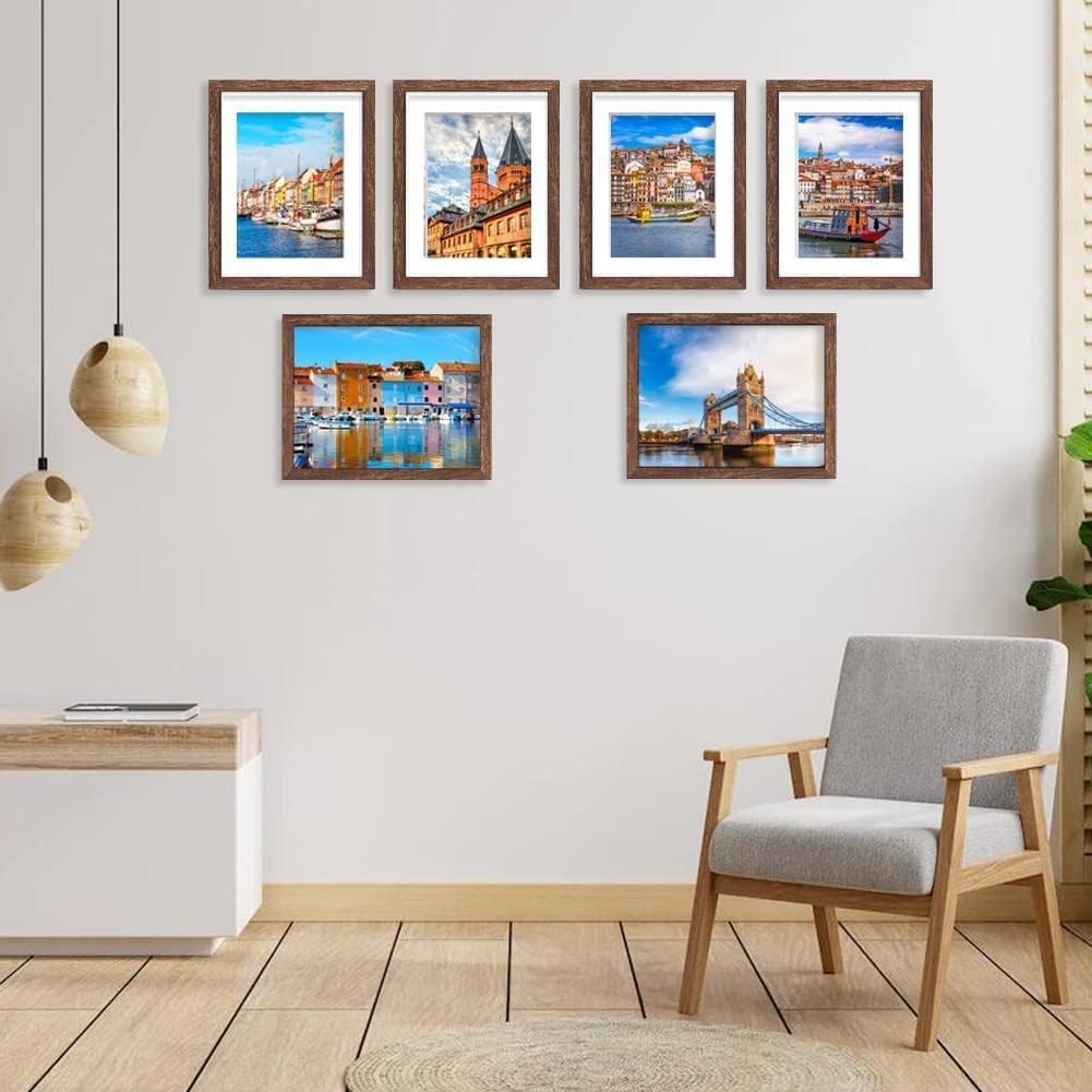 8x10 Picture Frame Set of 6, Display Pictures 5x7 with Mat or 8x10 Without Mat for Wall Mounting, Rustic Brown