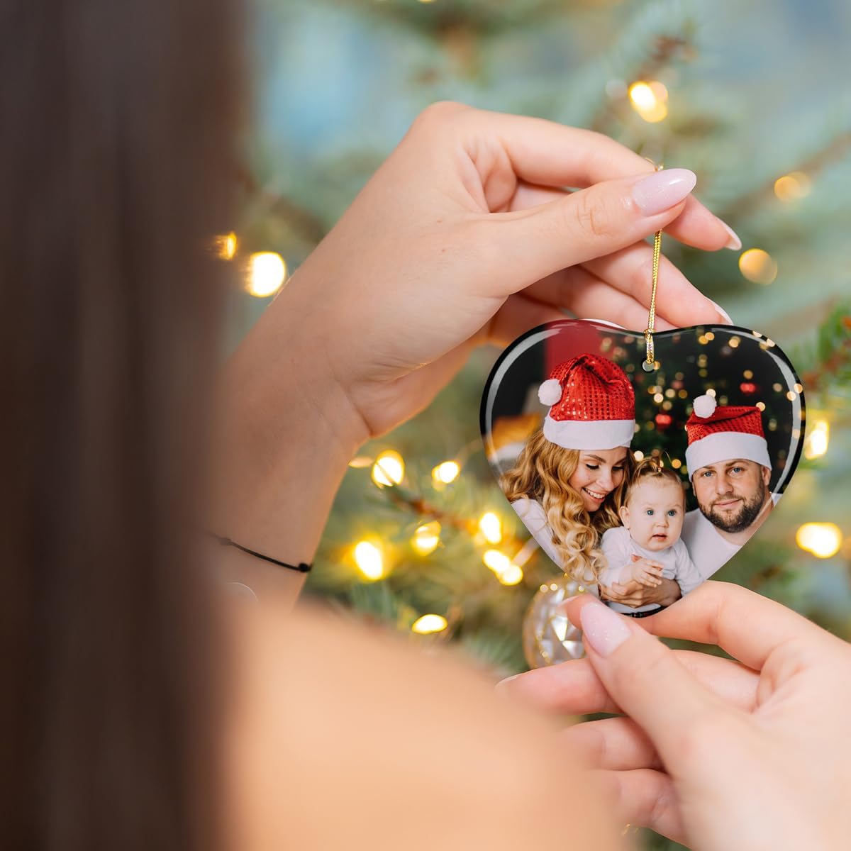 Personalized Christmas Ornaments with Photo and Text, Custom Heart Shape Ceramic Hanging Ornament with Picture for Christmas Tree, Customized Xmas Gift for Parents Family