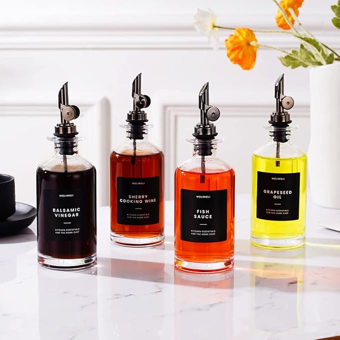 Molimoli Olive Oil Dispenser Bottle for Kitchen With Weighted Pourer - Glass Cruet Set of 4 | 350ml