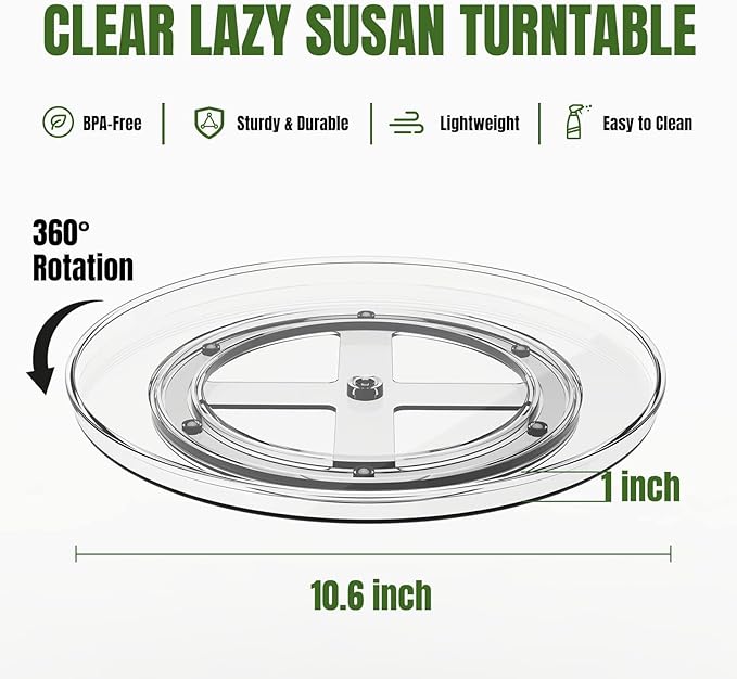 URALFA Lazy Susan Organizer for Cabinet 2 Pack, 10.6" Clear Lazy Susan Turntable Rotating Organizer, Plastic Organization and Storage Spinning Spice Rack for Kitchen, Bathroom, Pantry, Fridge, Table