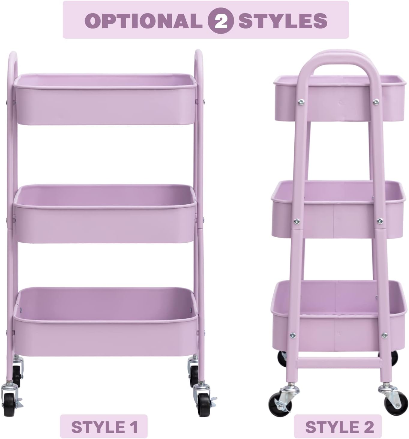 AGTEK Makeup Cart, Movable Rolling Organizer Cart, 3 Tier Metal Utility Cart with Lockable Wheels for Home & Office, Purple