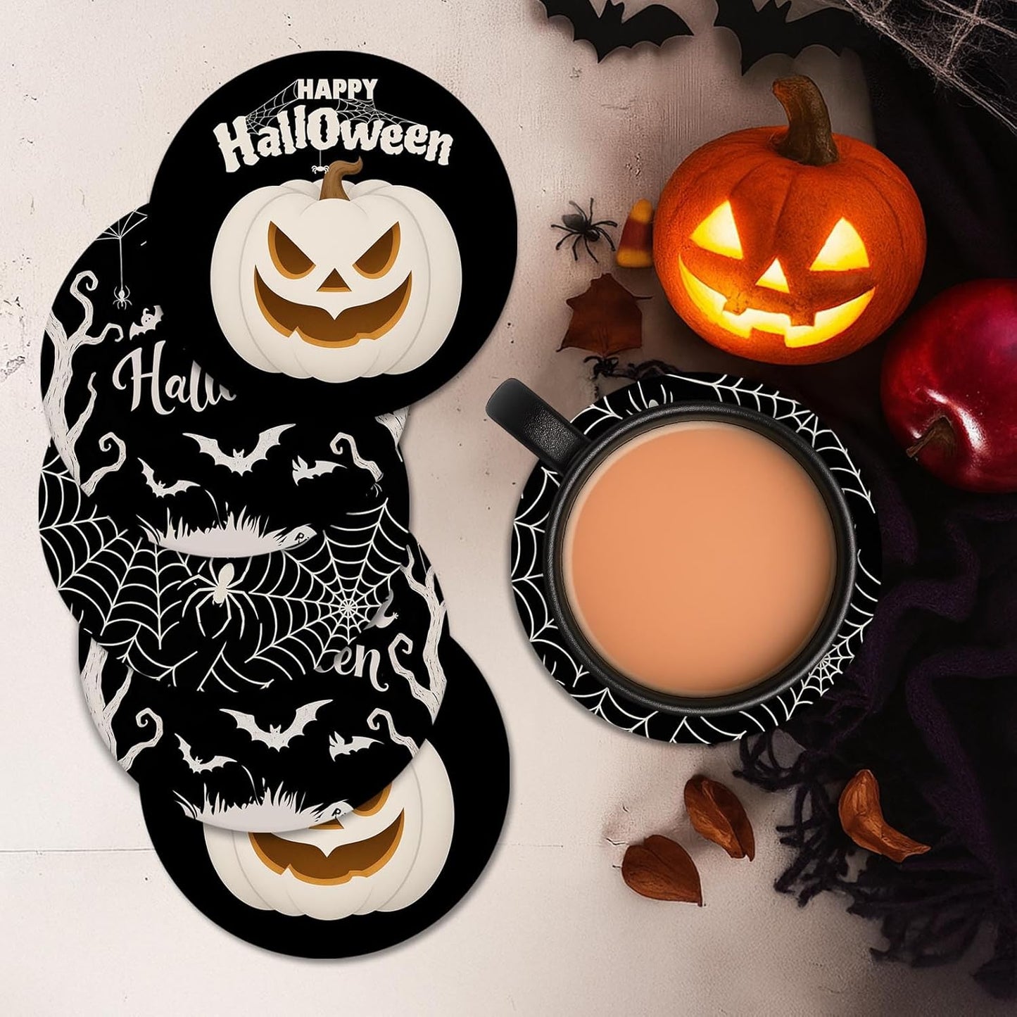 Coaster for Drinks Set of 6, Happy Halloween Pumpkin Spider Web Black Absorbent Round Ceramic Stone Mat, with Cork Base and Metal Holder, Gift for Housewarming Room Bar Decor