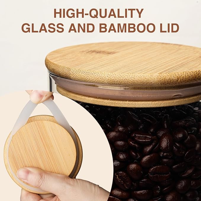 53oz Glass Food Storage Jars, Glass Jars with Bamboo Lids, Kitchen Storage Jars, Set of 4, Canisters with Airtight Lids for Spice, Coffee, Cookie, Pantry Organizers