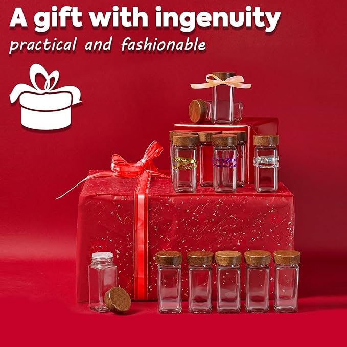 Yangbaga 24Pcs Glass Spice Jars with Labels-4OZ Wood Lid Square Spice Containers with Pepper Grinder Lids &Funnel,Seasoning Jars for Rack Cabinet Drawer