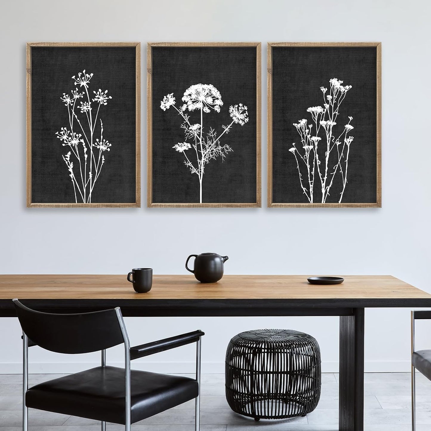 Flower Plant Wall Art Decor 24"x16" Set of 3 Black And White Botanical Painting Wood Framed For Minimalist Bedroom Office Rustic Living Room Abstract Wildflower Sign Hanging (Wood Black)