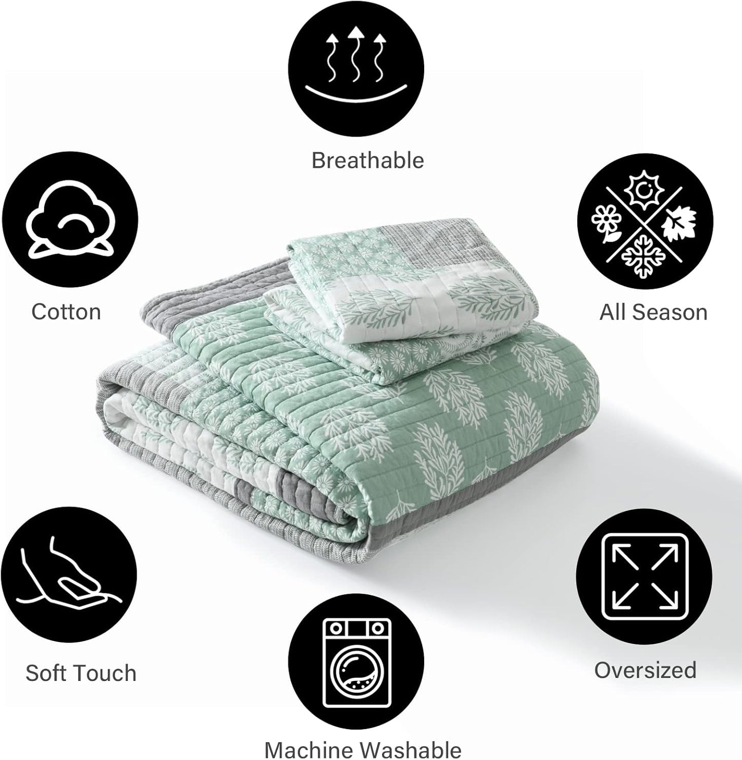 PANGUSHAN Quilt Set King Size, 100% Cotton Bedspread Quilt Bedding Set, Patchwork Reversible Floral Quilt for King Bed, Green/Grey/White Bed Spread, Lightweight Comforter for All Season, 3 Pieces