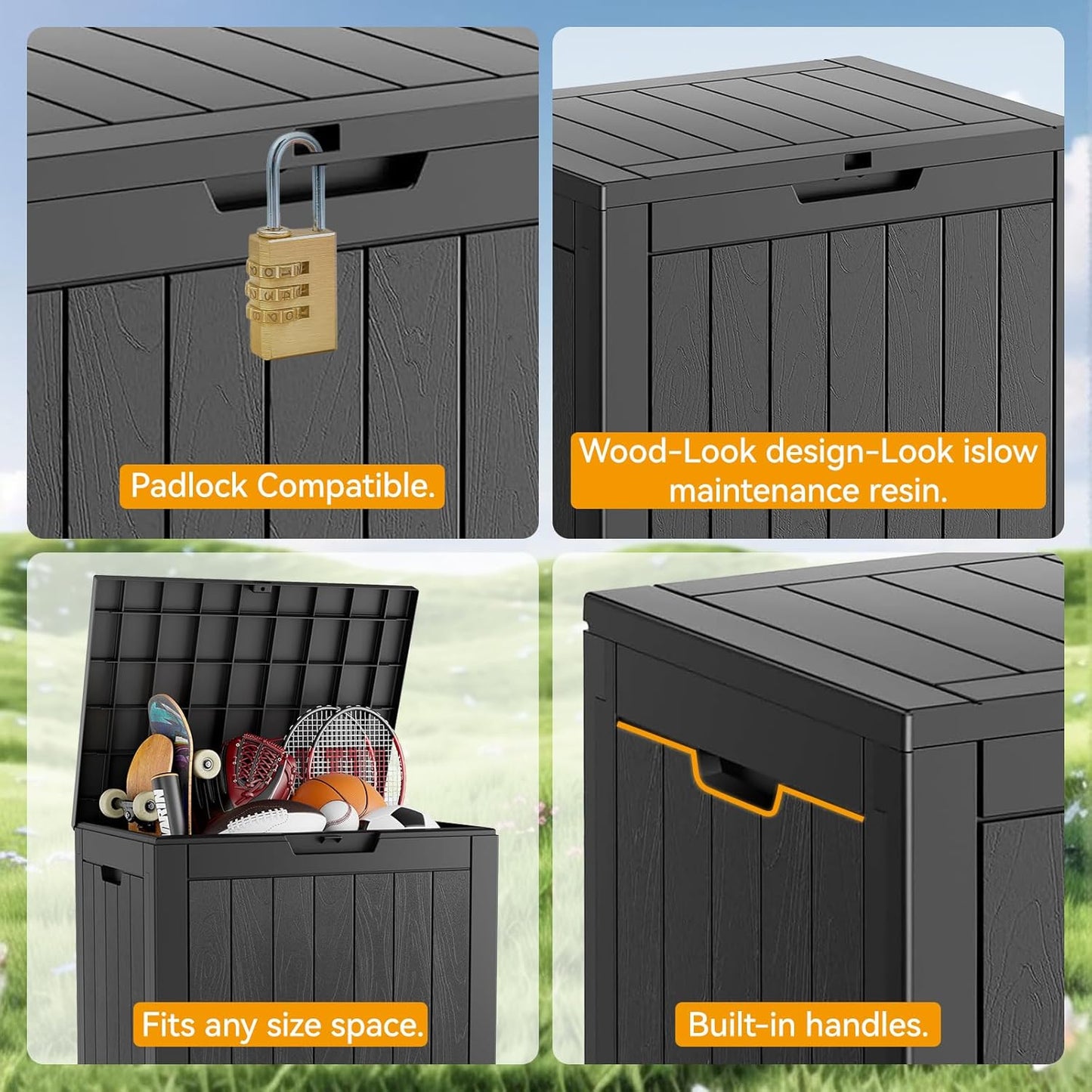 KAMABOKO Deck Box, 32 Gallon Resin Indoor and Outdoor Storage Boxes Waterproof for Garden Tools, Pool Accessories Storage Bench, Patio Furniture and Cushions with Lockable Lid, Black