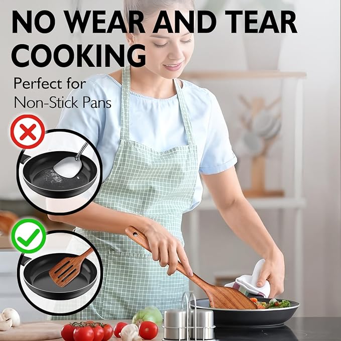 Wooden Spoons for Cooking 10 Pieces Set, Teak Kitchen Utensils Spatula, Wooden Cooking Utensils Spoons, with Spoon Rest, Strainer Spoon, Pasta server, Fried Spatula and Salad Fork, Utensil Holder