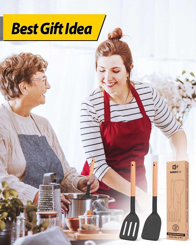 Pack of 2 Silicone Cooking Spatula, Heat Resistant Solid Turner, Non Stick Slotted Spatulas with Wooden Short Handle,Ideal Wood Kitchen Utensils Set for Frying, Baking, Flipping, Turning