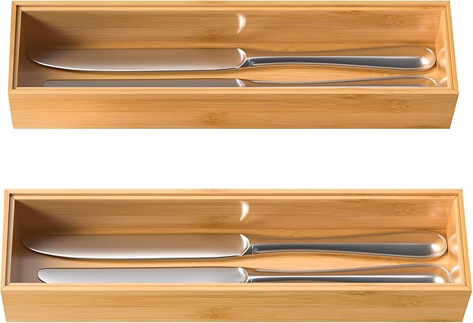 Silverware Tray for Drawer, Stackable Kitchen Bamboo Drawer Organizer 12" x 3" x 2" Set of 2