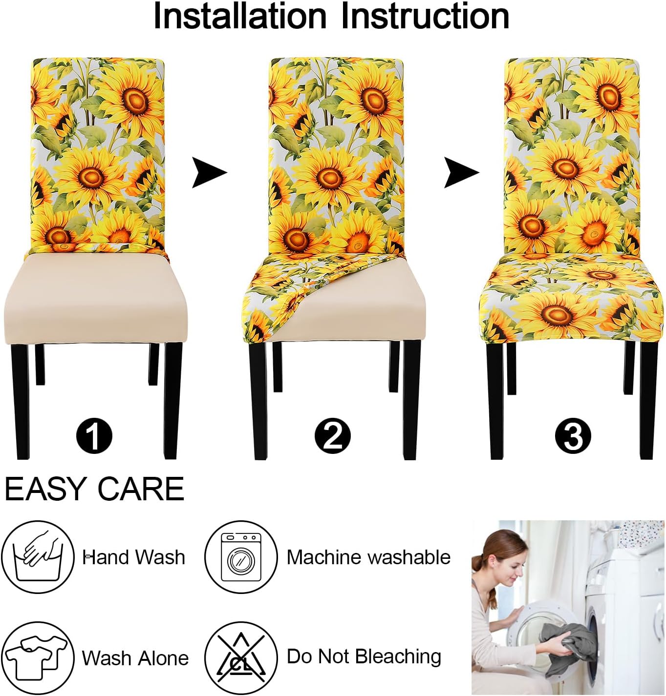 JQinHome Pattern Chair Covers for Dining Room Set of 6, High Stretch Removable Washable Parsons Chair Slipcover for Home Party Hotel Wedding Ceremony (Sunflower,6PCS)