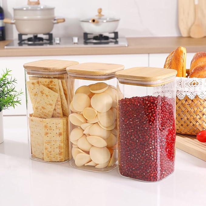 Glass Food Storage Jars with Lids(50oz)Square Set of 3 ,Glass Storage Containers Clear Glass Food Canister with Bamboo Lid Airtight For Serving Tea, Coffee Beans, Flour,Cookie, Cereal,Spice and More
