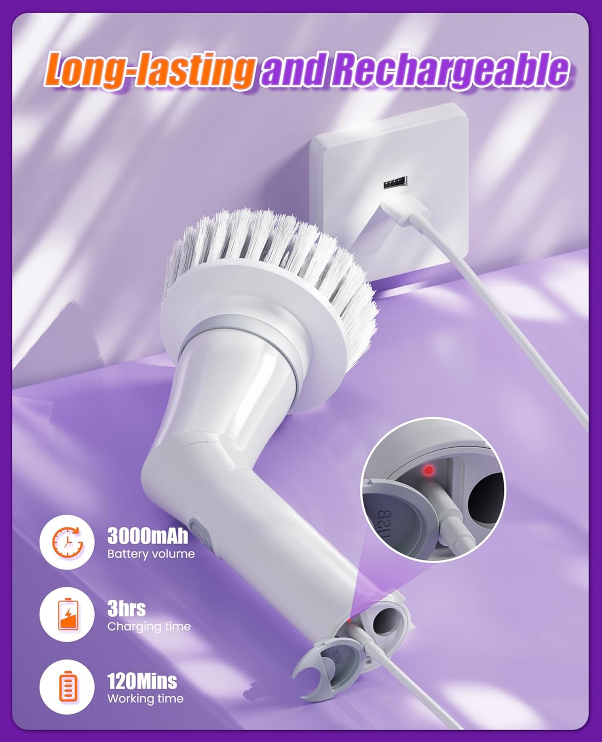 Electric Spin Scrubber, Cordless Shower Scrubber Rotary Floor Brushes & Pad Drivers with 6 Brush Heads - 2H Dual Speed, IPX7 Waterproof Extension Handle for Bathroom Tile Car Cleaning (White)