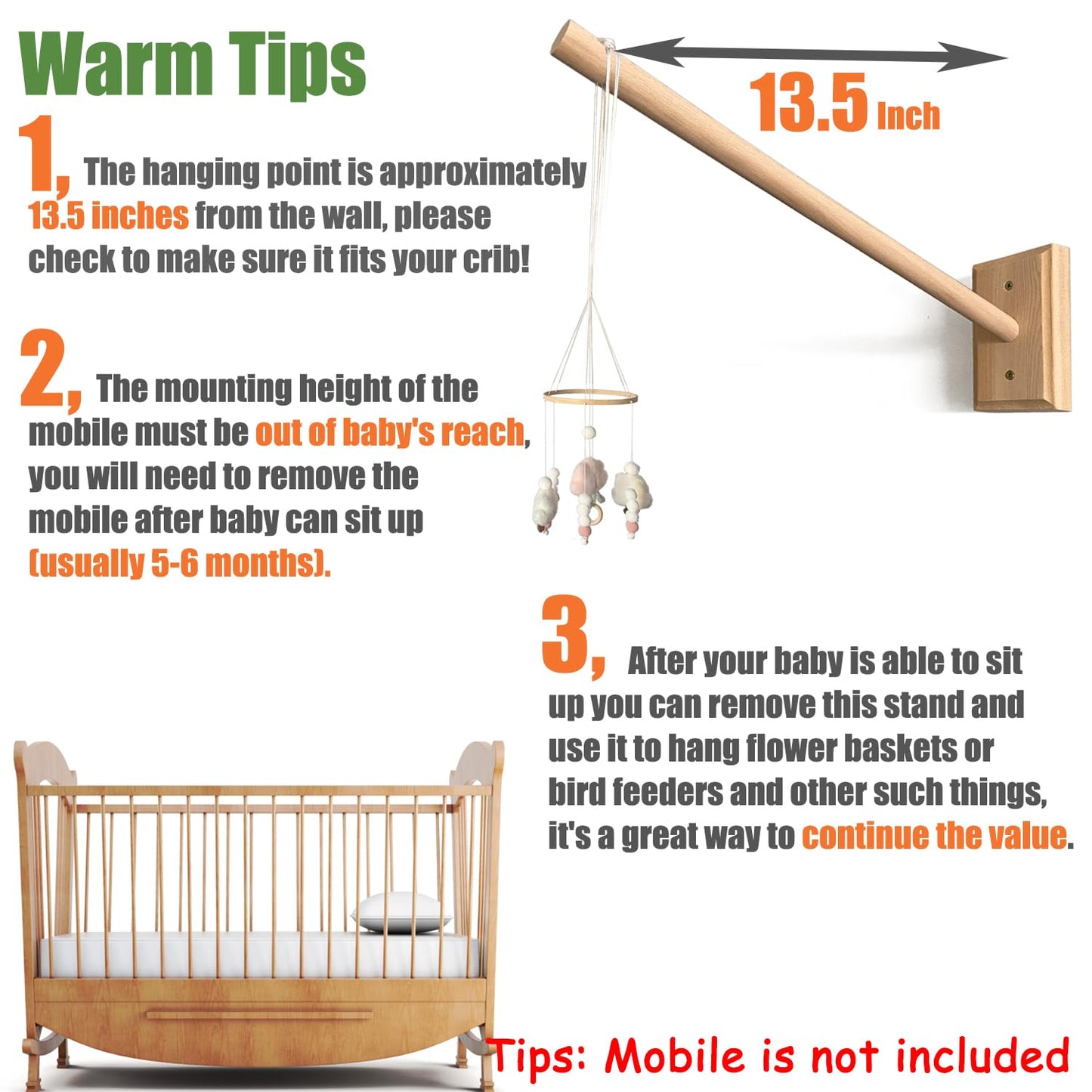 Crib Mobile Wooden Arm, Wall Mounted Suitable for All Cribs 100% Natural Larch Hanger Nusery Decor Baby Room Safe Holder(Mobile is not Included (Original Wood Color)