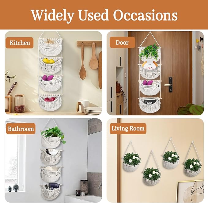 4 Tier Hanging Fruit Basket for Kitchen, 4 Pack Detachable Cotton Crocheted Wall Hanging Baskets Shelf Over Door Organizer for Fruit Veggie Plant, Hanging Storage Basket for Bathroom Bedroom(Beige)